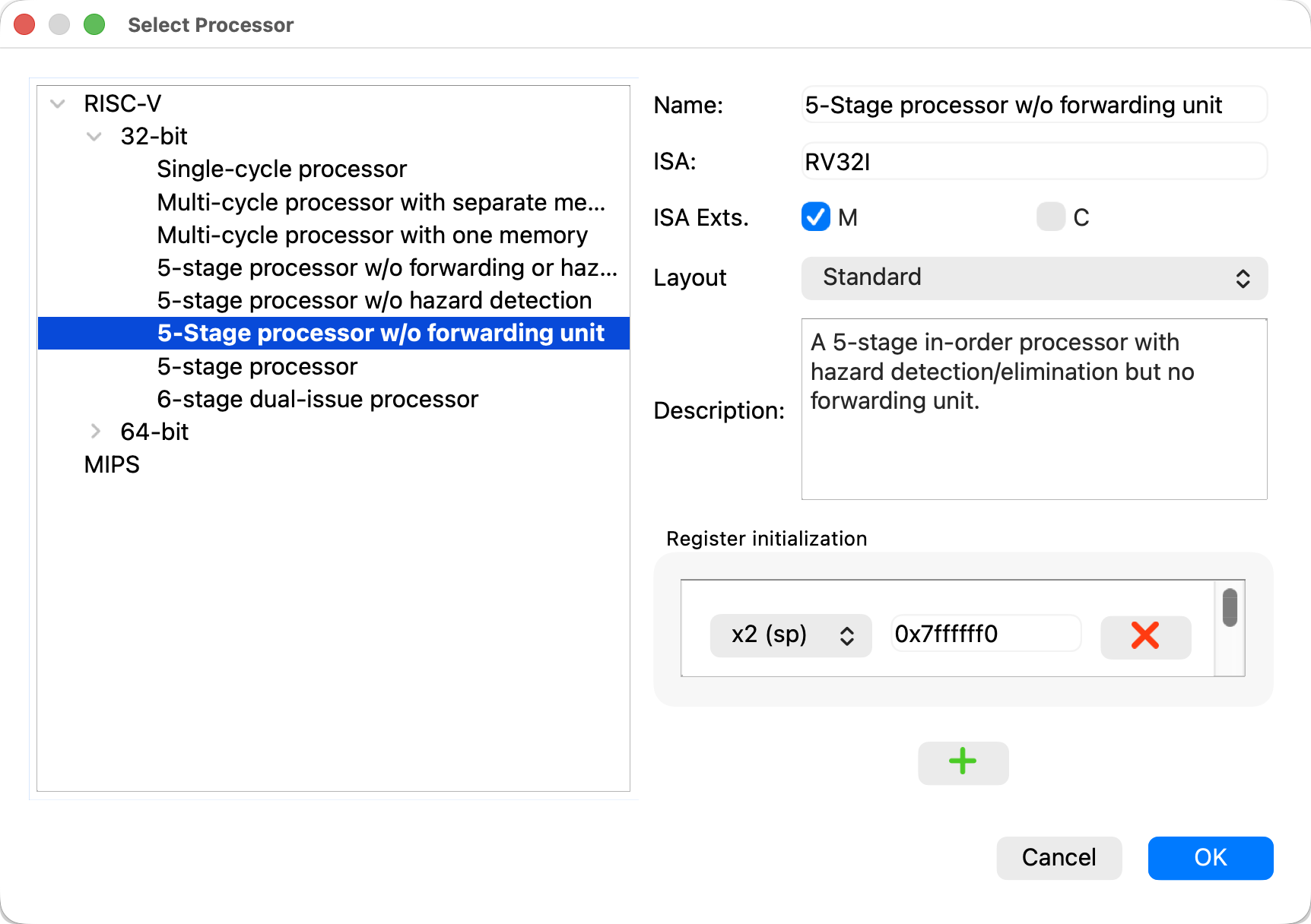 Ripes processor model selection